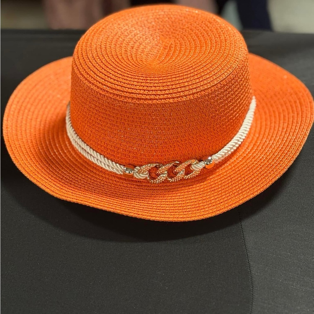 Orange and Gold Wide-Brimmed Hat with Ribbon